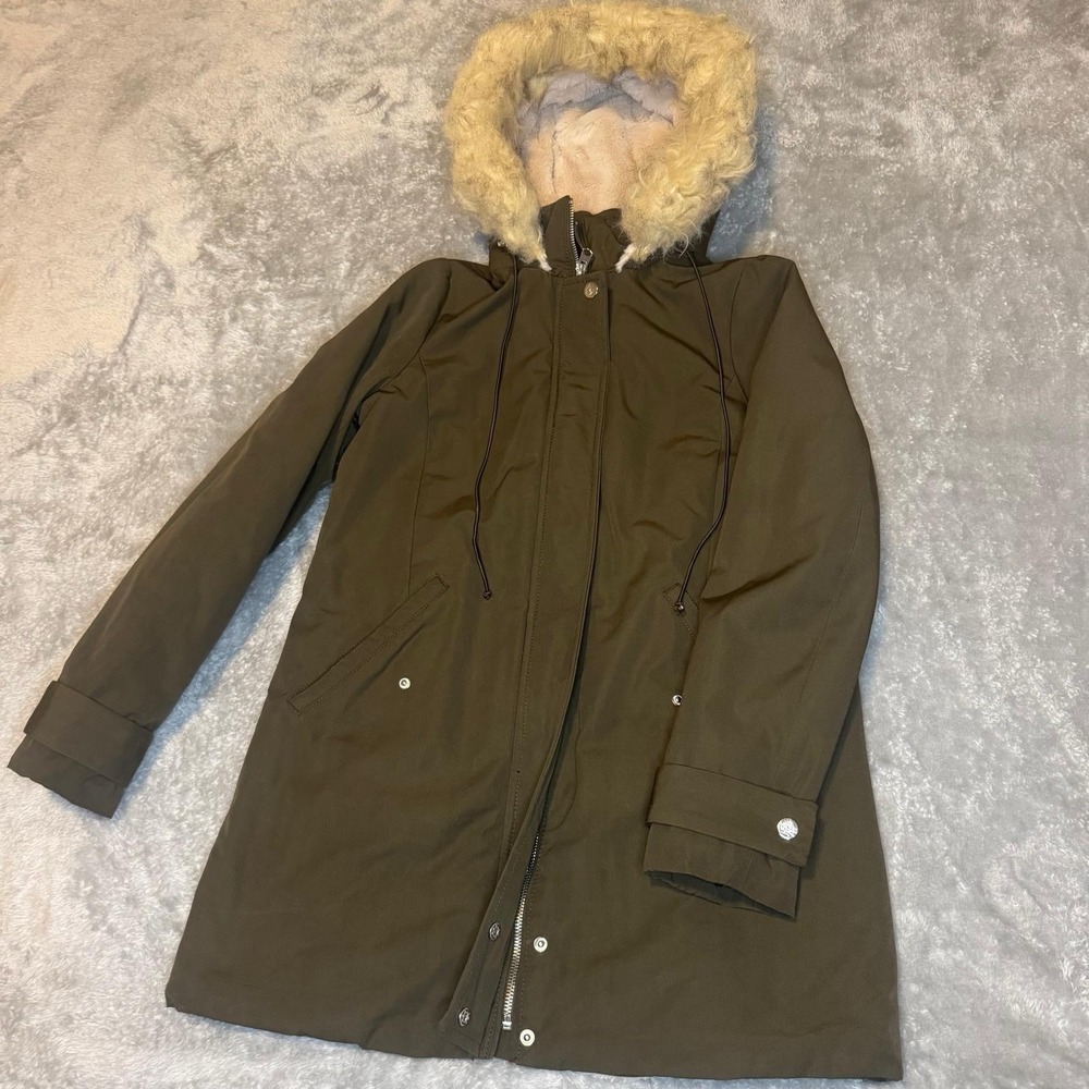 Springfield Olive Fur Trim Hooded Parka Coat Heavyweight Lined Pockets XS